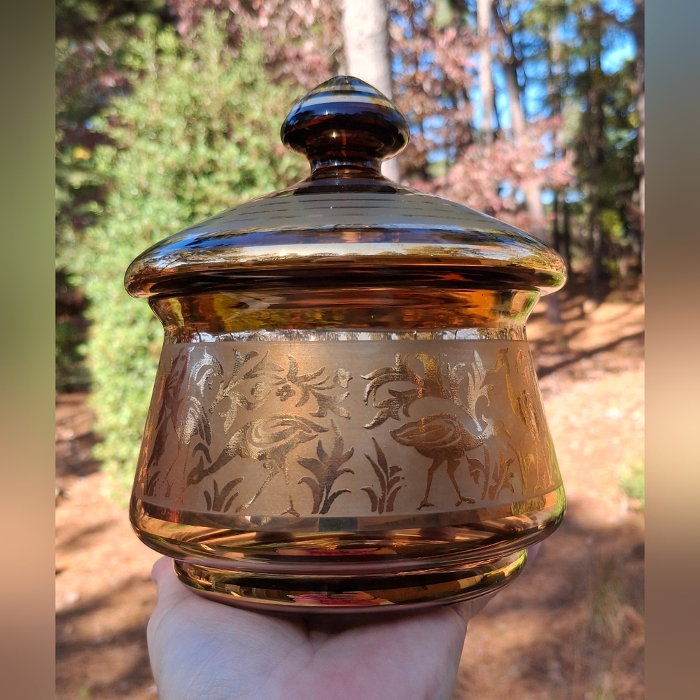 Vintage MCM Czech Bohemian Dark Amber Glass & Gold Cranes Covered Candy Dish - Picture 14 of 14